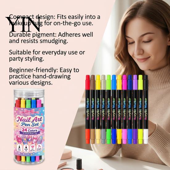 Creative Nail Art Accessories 12Pcs Dual Ended Pens Set, 24 Colors Markers with Double Brush Tips, Acrylic Quick Dry Water-Based Drawing Pen