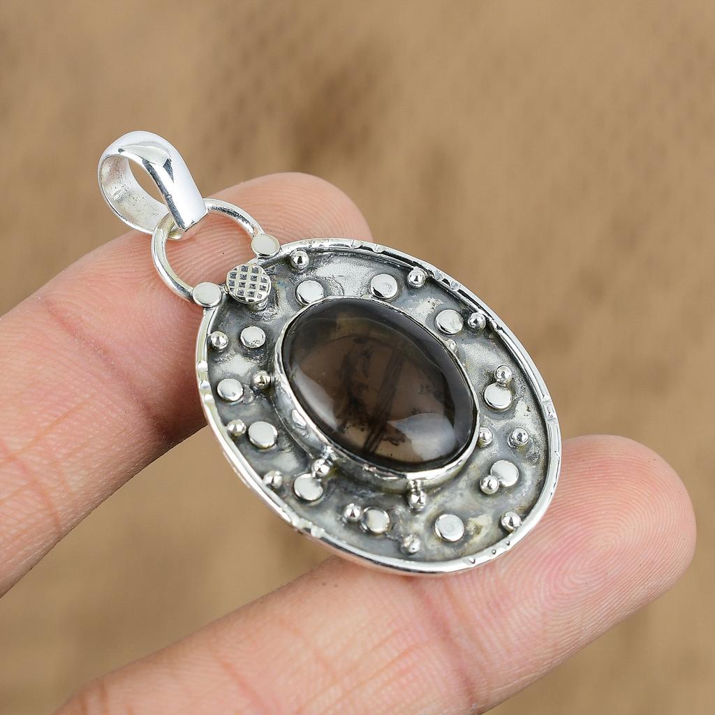 Mothers day Sale Oval Natural Smokey Quartz Engagement Pendant Sterling Silver