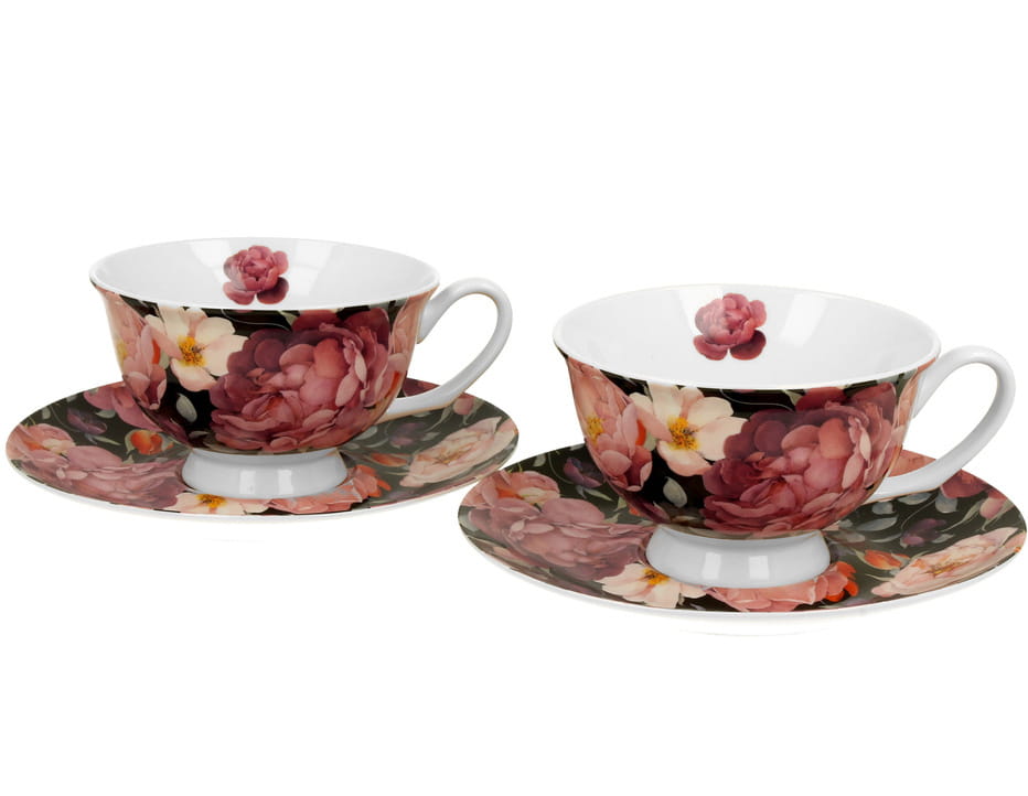 Set of 2 Spring Rose Black cups and saucers