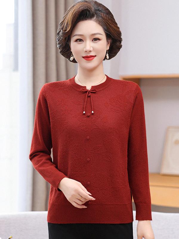 2026 Chinese-Style Knitwear for Middle-Aged & Elderly Women - Autumn/Spring Base Layer Sweater XL (recommended 60-68 kg) красный