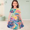 Girls Round Neck Short Sleeve Colorful Swirl Printed A Line Flared Dress