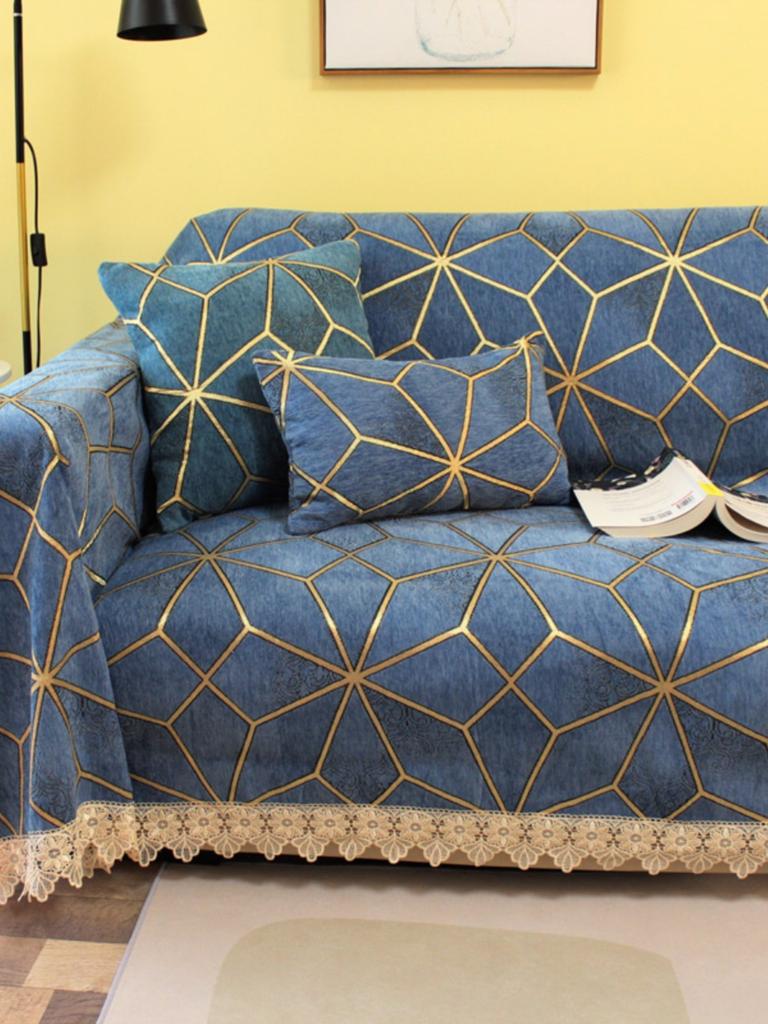 Luxury Sofa Cover for Living Room, Chenille Fabric, Geometric Pattern, Towel with Lace Hemline, Dustproof, Antiscratch Slipcover