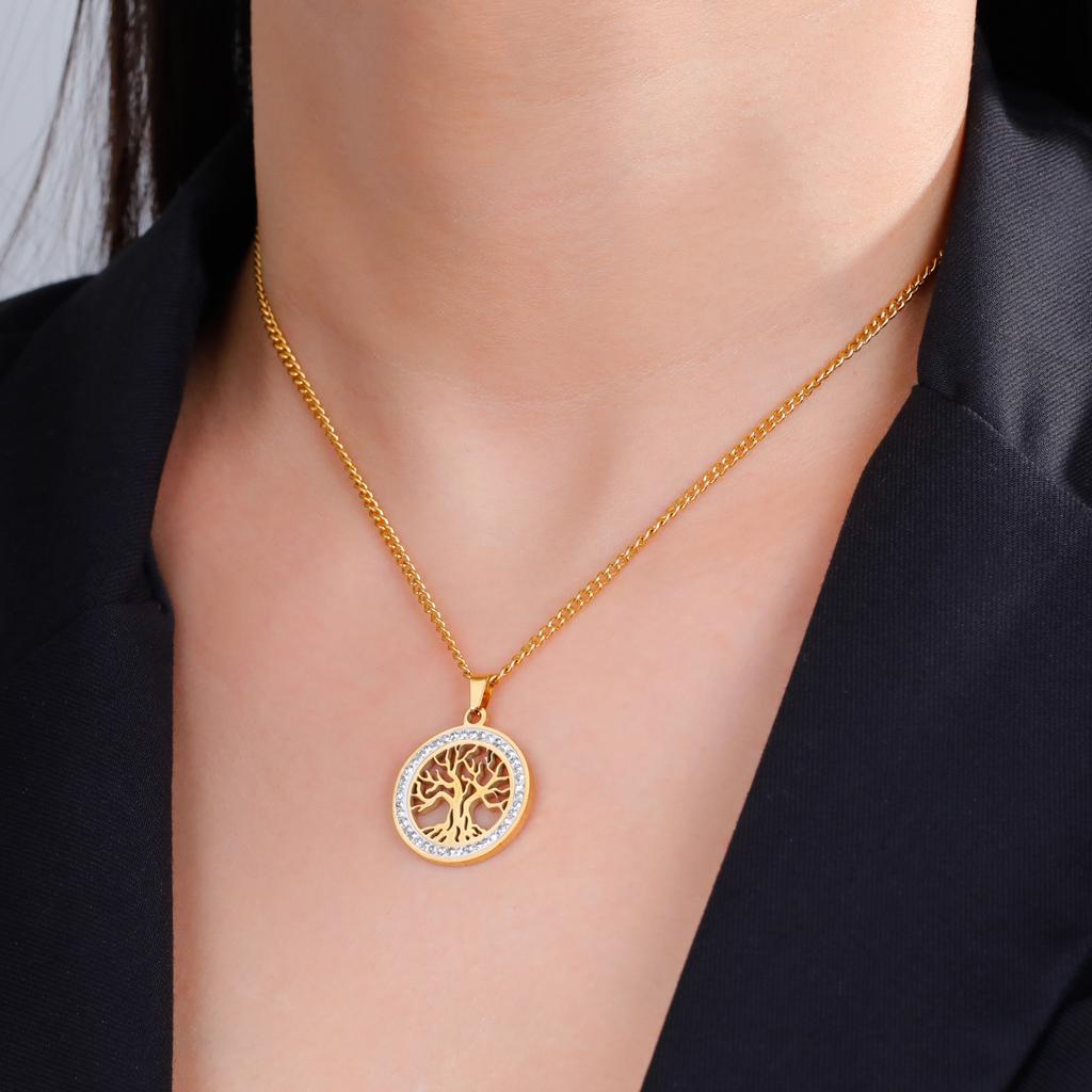 Lebensbaum-Halskette, modische Halskette aus Edelstahl, Lebensstammbaum, hohler Lebensbaum-Anhänger, Gold