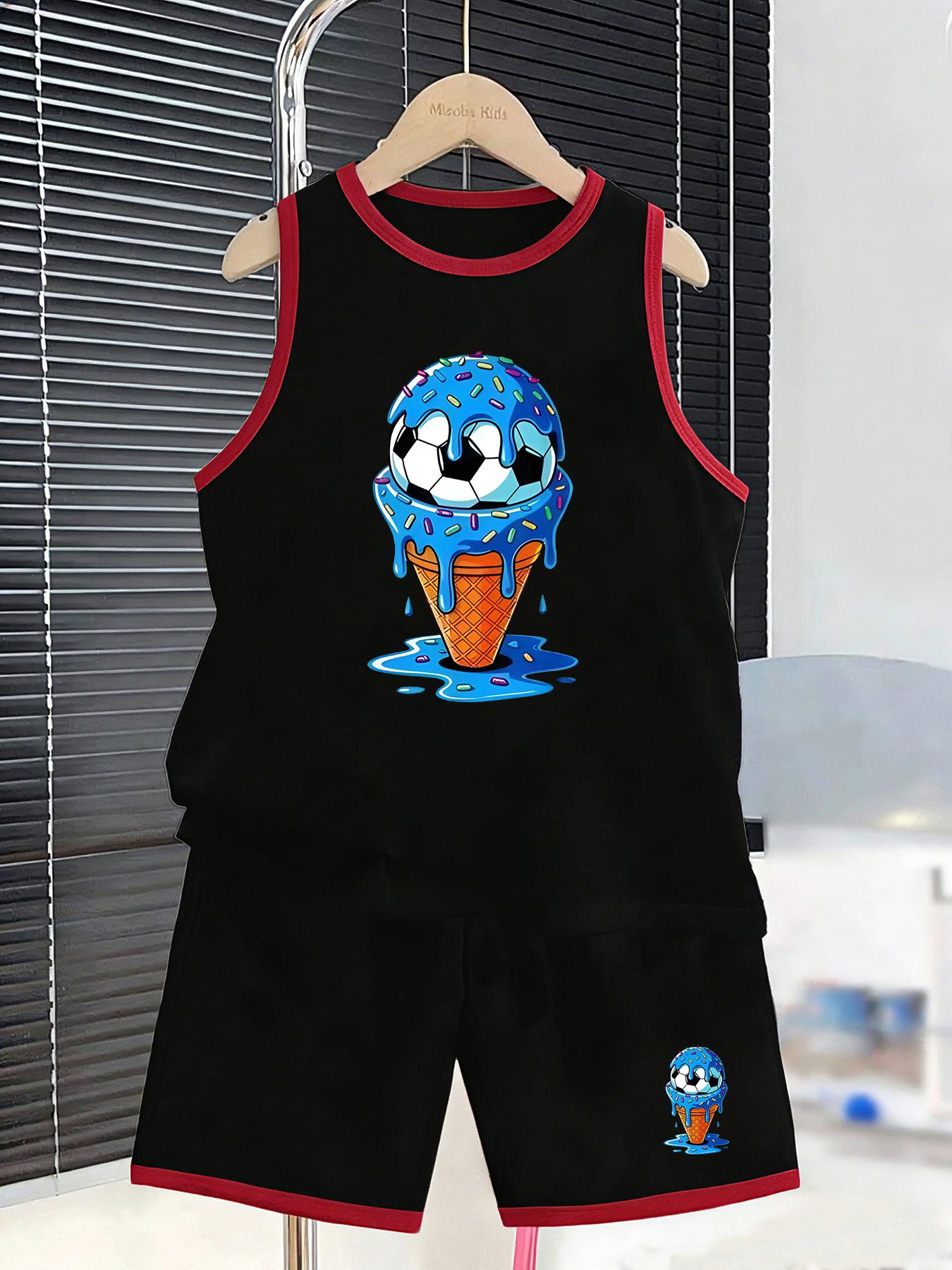 

Boys creative ice cream football short set. Sweet summer sport design, soft breathable fabric for leisure and daily casual wear. 2-3Y чёрный