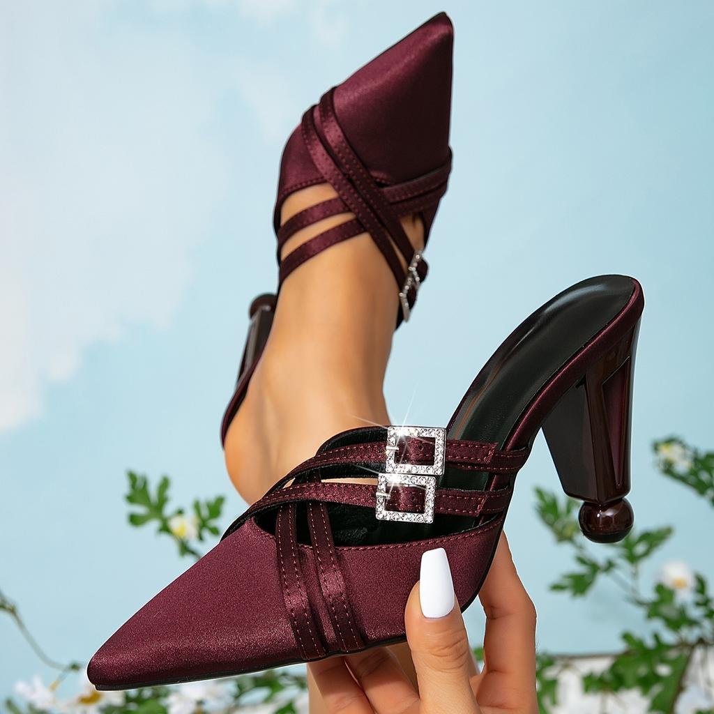 Ladies Burgundy High Heels Party Fashion Special Shaped Heels Pointed Diamond Buckle High Heel Sandals Women's Shoes