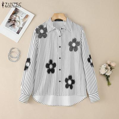 Women Turn Down Collar Casual Long Sleeve Stripe Blouse
