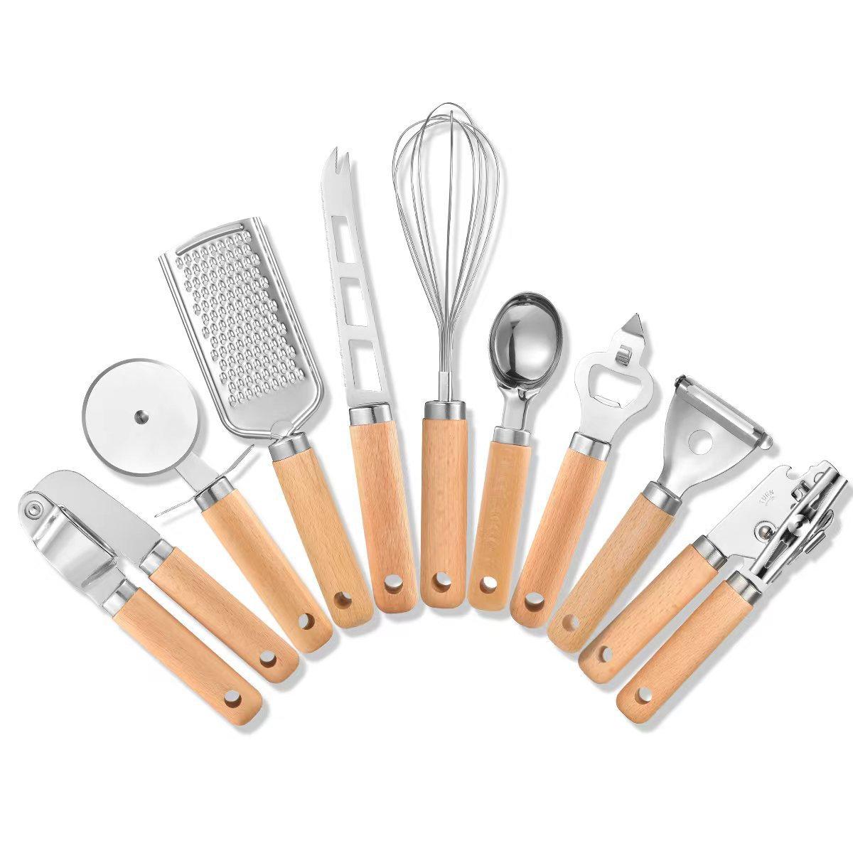 

9Pcs Kitchen Gadget Set With Wooden Handle, Stainless Steel Cooking Tools Kitchen Accessories Pizza Cutter, Egg Whisk, Vegetable