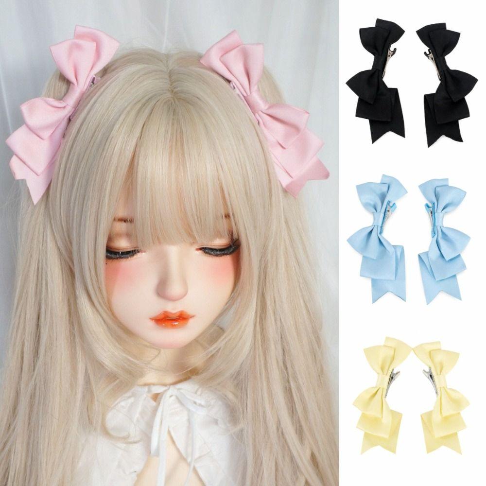 2Pcs Solid Color Bow Hair Clips Lolita Duckbill Clips Cute Bowknot Hairclip Headdress