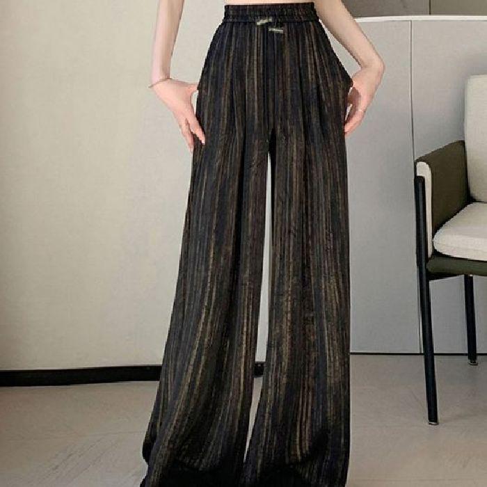 Pantaloni cu picior larg din mătase de gheață satinată cu imprimeu cerneală, stil subțire pentru vara 2025, design cool Yamamoto cu drapaj plisat.