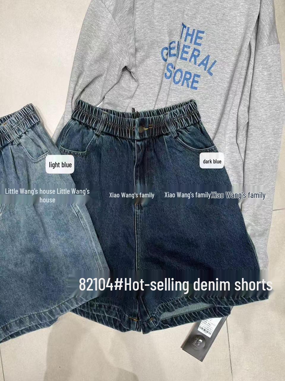 

Xiao Wang s Elastic High Waist Korean Style Plus Size Retro Wide Leg Denim Shorts One Size темно-синього кольору