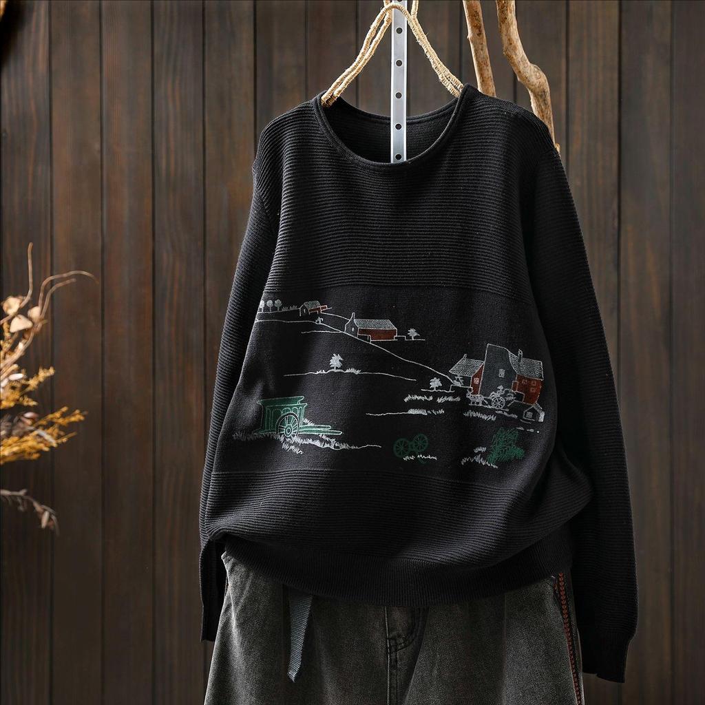 Autumn Cartoon Print Long Sleeve Knit Cotton Sweater for Women