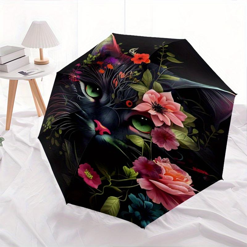 1pc Domineering BlackCat & Flowers Pattern Automatic 3-Fold Umbrella, 8 Iron Frames, High-Value Folding Umbrella, Suitable for Office, Trave