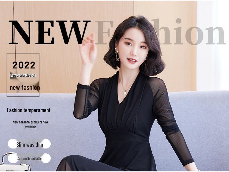 Elegant V-Neck Long Sleeve Mesh Dress for Women - Plus Size, Slimming Waist, Belly-covering, Stylish 2025 Spring/Autumn Fashion