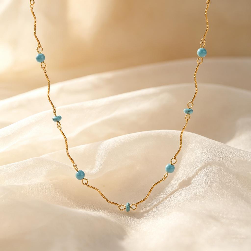 Boho Turquoise Beaded Necklace for Women, Blue Natural Stone Stainless Steel Wave Chain Choker Necklace, Fashion Jewelry Gift