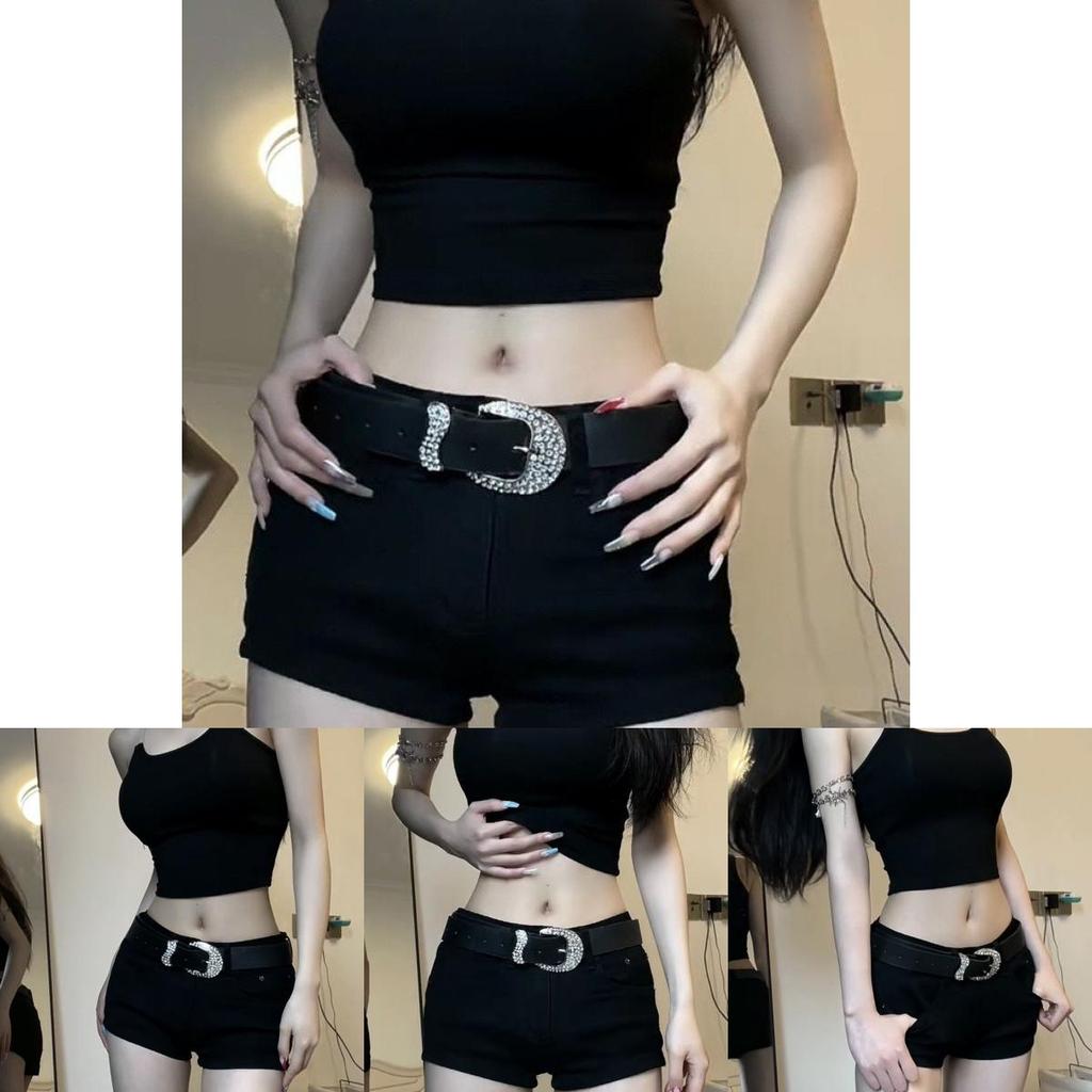 Elegante Cintura Nera da Donna in PU Stile Vintage Americano con Fibbia Decorativa in Strass