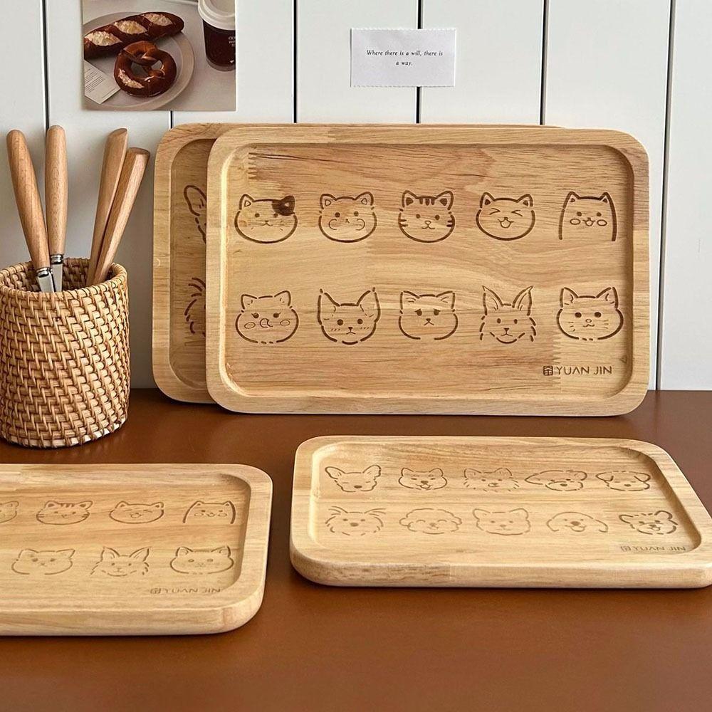 Insulated Wooden Dinner Plate Dog/Cat Pattern Food Baking Pan Cute Cartoon Bread Tray Dishes