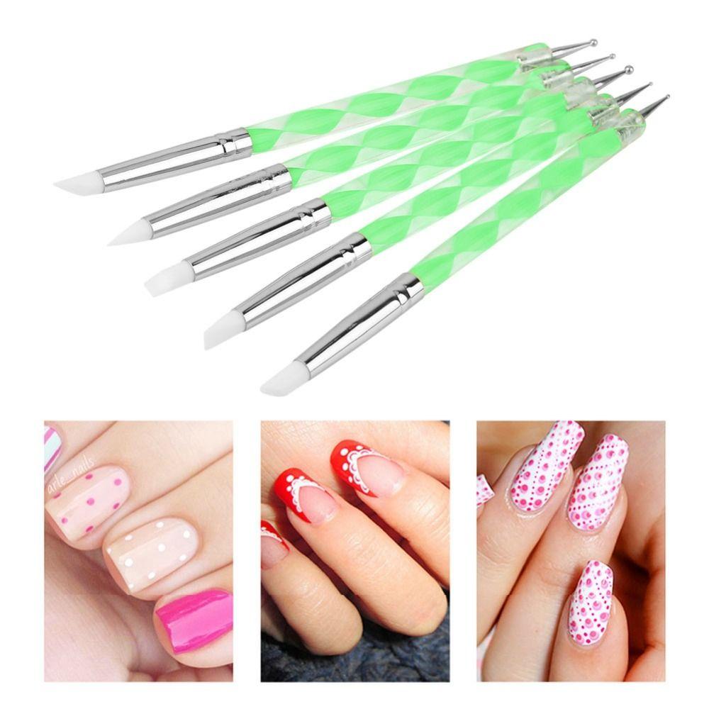 5PCS 5.8*0.2*0.04in Nail Art Silicone Pens Double Ended Multi Functional Embossing Modeling Pens Silicone Tip Clay Craft Tools