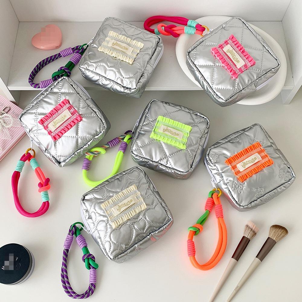 Ins-style Girl's Silver Shiny Bow Square Mouth Red Envelope Student Sanitary Napkin Storage Bag, Portable Small Square Bag