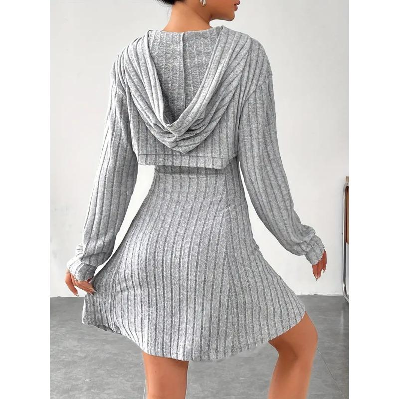 Damski Modny Casualowy Jednokolorowy Krótki Top z Kapturem z Długim Rękawem + Zestaw Sukienki bez Rękawów