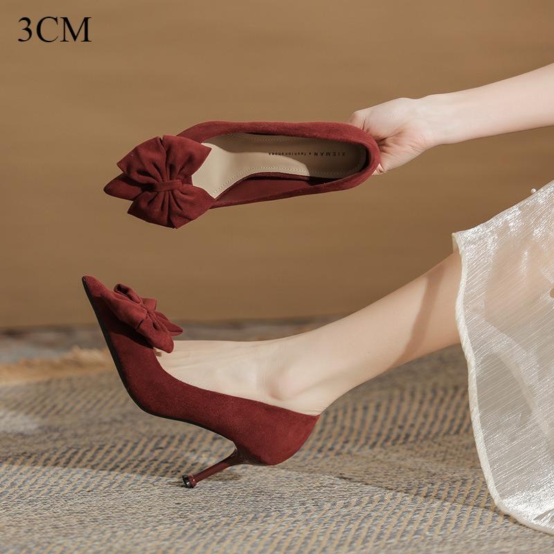 Pointed Head Shallow Mouth High Heels Classic Women's Shoes Head Flower Black Velvet Versatile High Heels Red Single Shoes