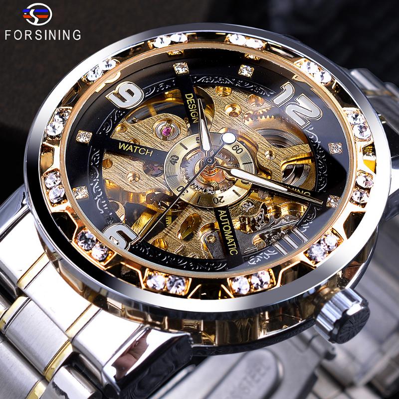 Forsining Montres Mode Homme Casual Classique Pop Ajouré Strass Montre Mécanique Manuelle