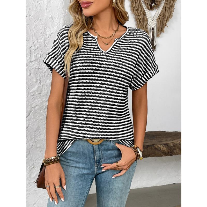 Summer New Women's V-neck Short-sleeved Loose Striped Casual Pullover T-shirt