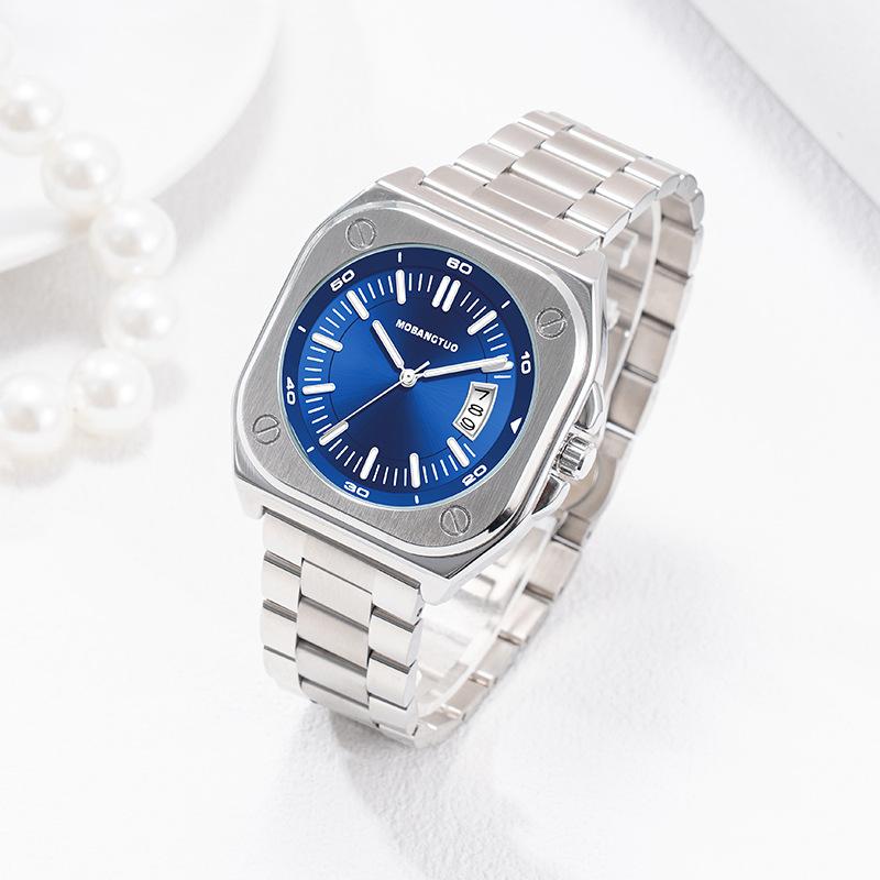 Square Steel Belt Large Dial Watch Calendar Luminous Trend Waterproof Quartz Watch