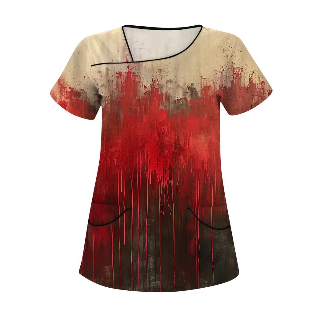 Haine de lucru imprimate pentru femei, guler asimetric și buzunare duble stratificate, pulover de bază