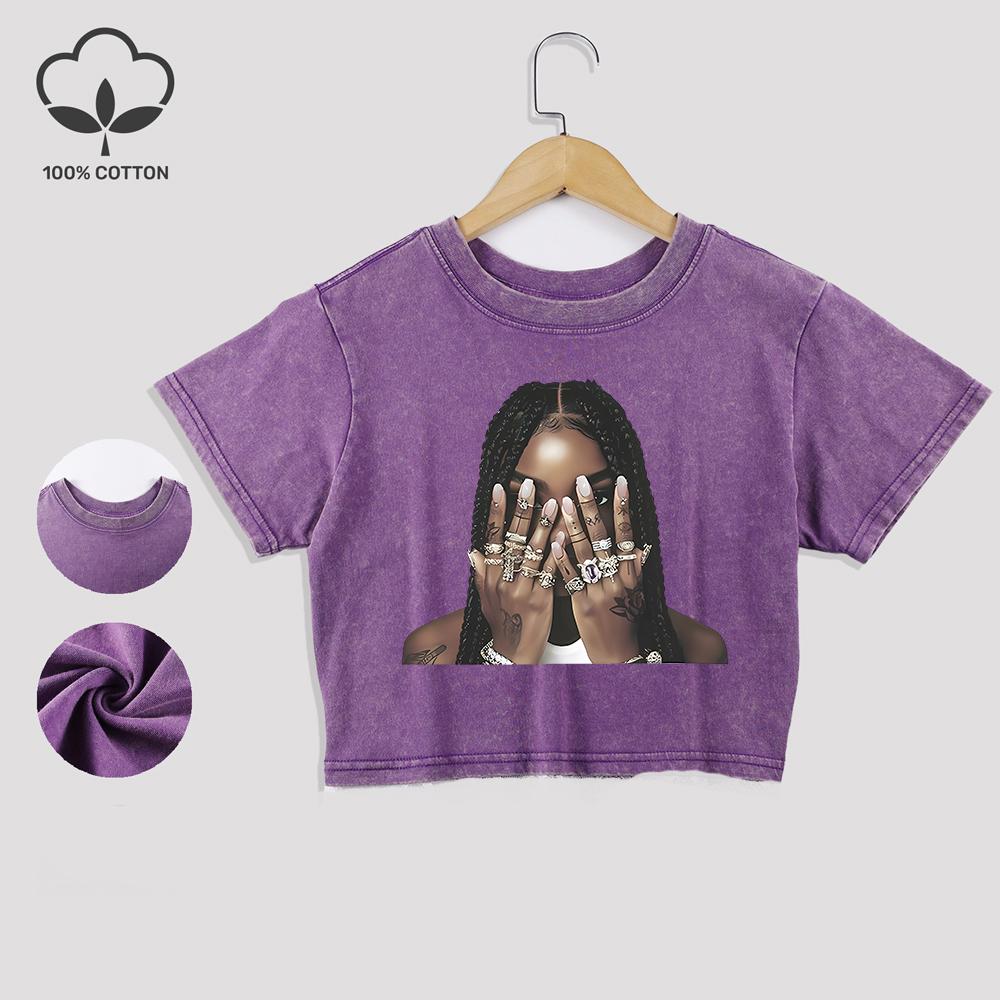 Fashion Black Woman Printed Cotton Washed T-Shirts Street Summer Lace Hem Crop Tops Distressed Regular Fit Tees Casual Clothes