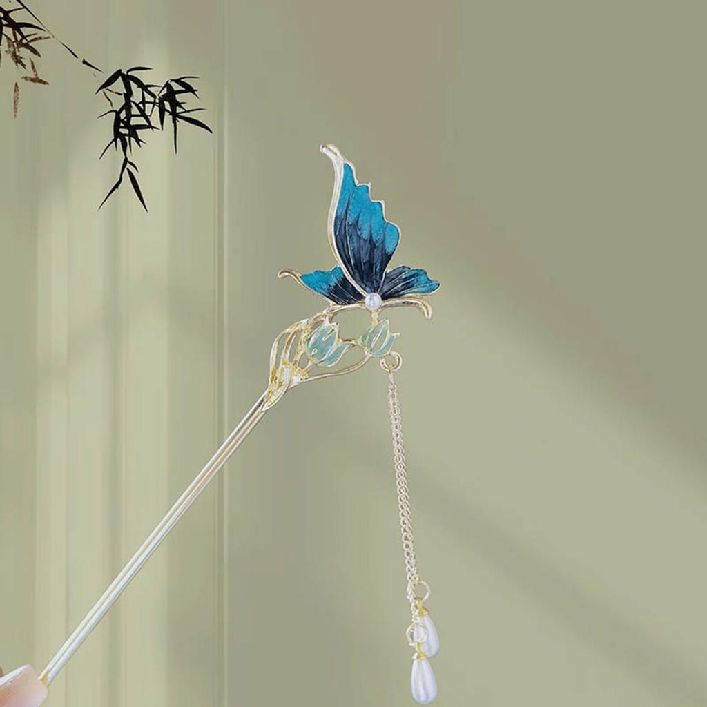 Rosa Blume Haarstäbe Gabeln Retro Chinesischer Stil Legierung Haarnadeln Seitenclips Kette Quaste Perlen Anhänger Dekor Frauen Haarschmuck