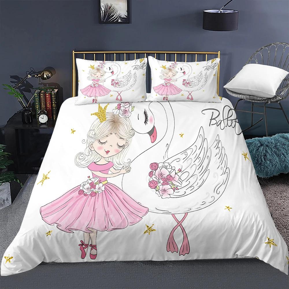 Carino Set Biancheria da Letto Principessa Ballerina Bambine Bambini 3 Pezzi Copripiumino Rosa Regalo di Compleanno per Bambine Decorazione Camera da Letto Misura Queen