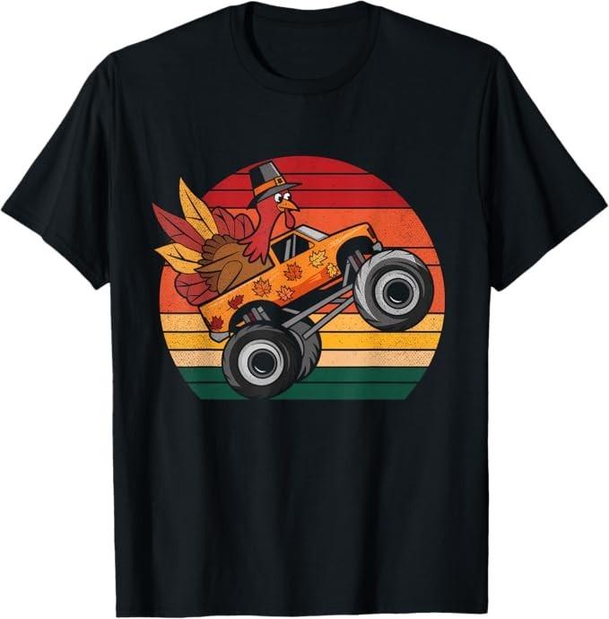 Kids Monster Truck Turkey Sunset Retro Thanksgiving Boy Kid T-Shirt