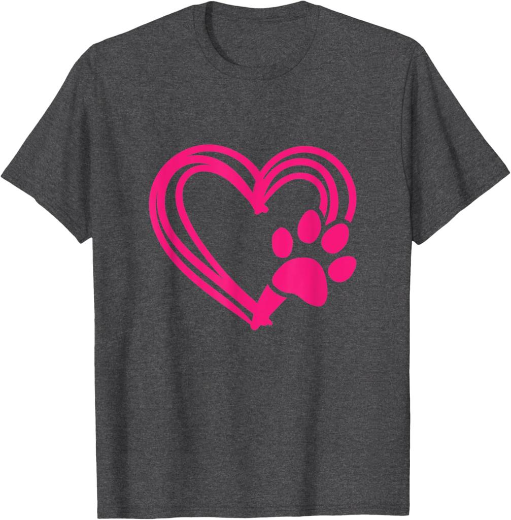 Pink Paw Print Heart Graphic Tee Casual Cotton Short Sleeve TShirt for Dog Lovers