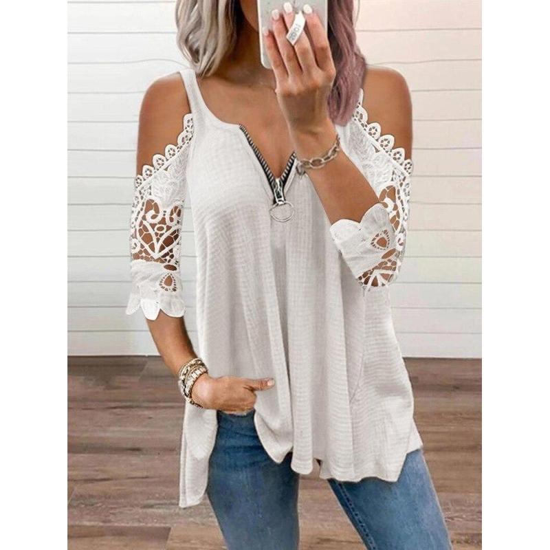 Off Shoulder Women Lace Blouse Summer Hollow Out Shirt Half Sleeve Zipper Casual Elegant V Neck Loose T Shirt