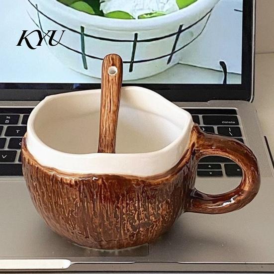 Bicchieri Decorativi da Cucina Vintage Guscio di Cocco Tazza in Ceramica, Tazza da Caffè Irregolare Fatta a Mano con Cucchiaino, Tazza Smaltata Facile da Pulire Texture Rustica