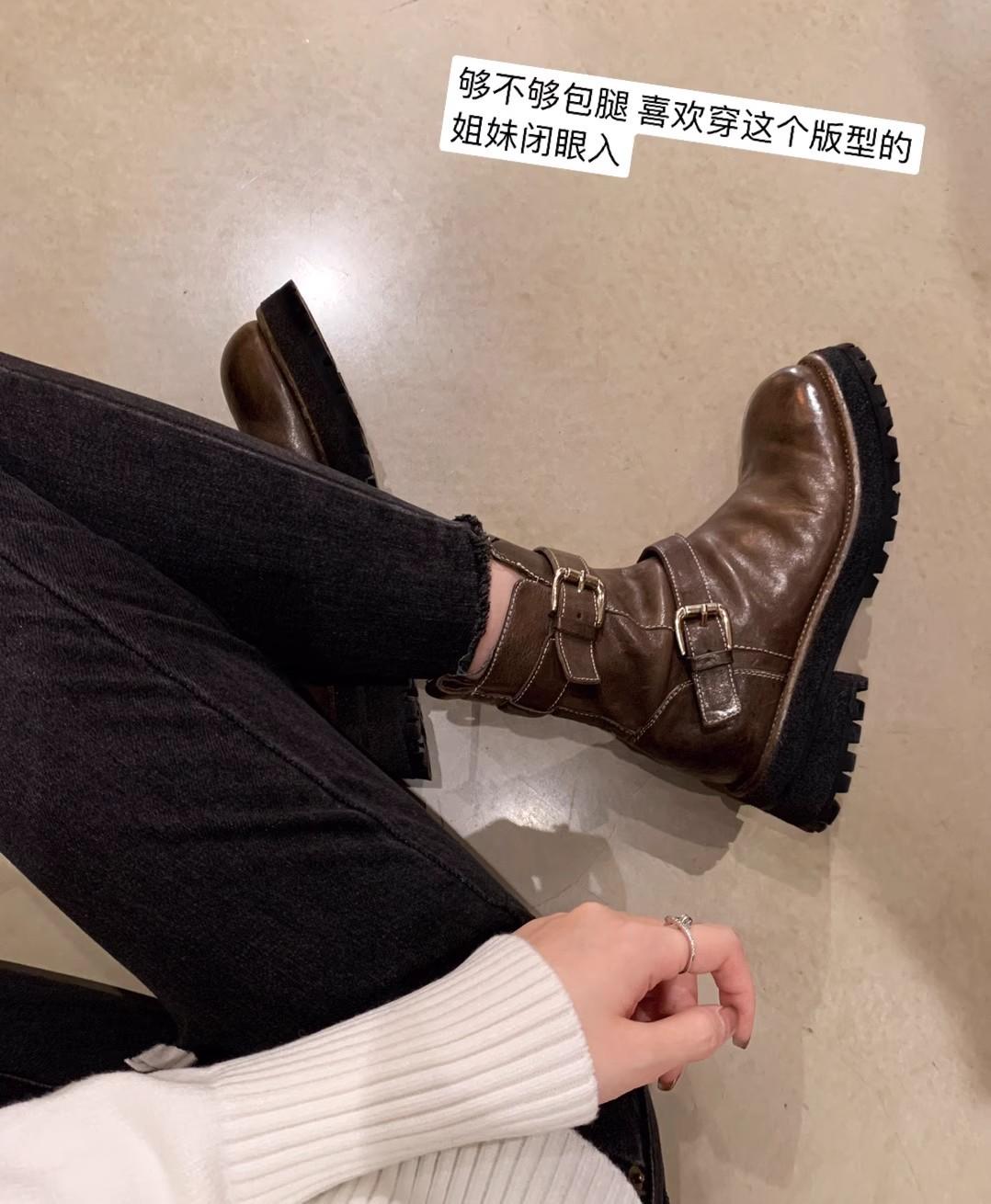 

Washed Shrink Horse Leather Buckle with Side Zipper Coarse Heel Martin Boots Women s Autumn 40