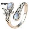 Vintage Finger Ring Faux Moonstone Ring, Waterdrop Fake Gemstone Adjustable Open Stone Healing Band Jewelry for Couple, Women