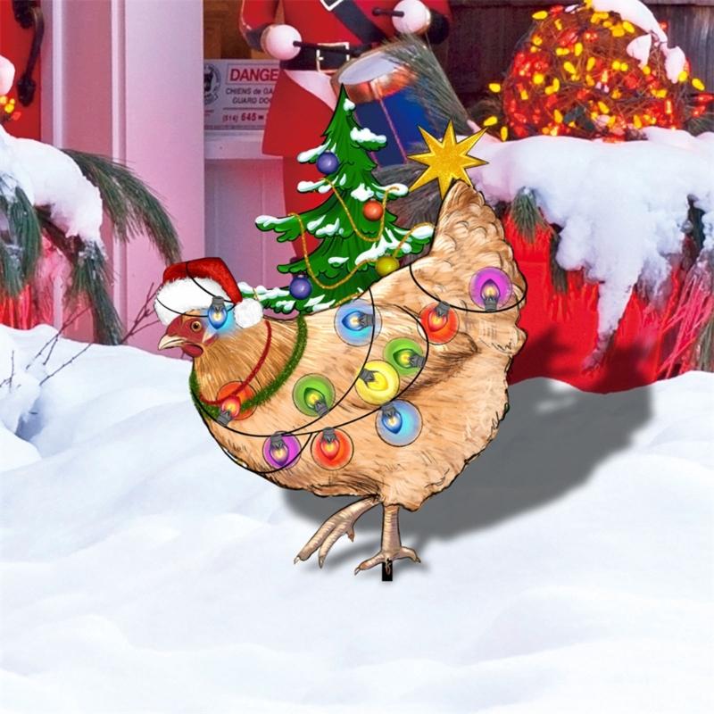 Christmas Chicken with Bulb Stakes Xmas Garden Yard Signs Rooster Yard Art Outdoor Christmas Decorations for Lawn Patio