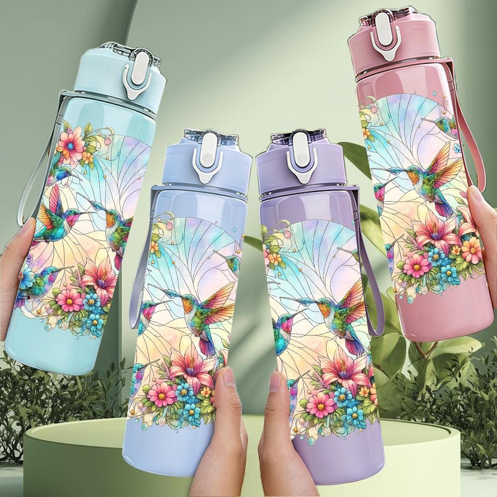 1PC Colorful Bird Butterfly Floral Print 750ml Color Plastic Sports Water Bottle Leakproof Flip Straw Lid Suitable for Sports Office Home Use