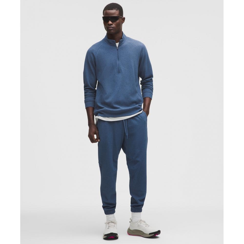 Lululemon Textured Double Knit Cotton Half Zip Heathered Blue Twill Black