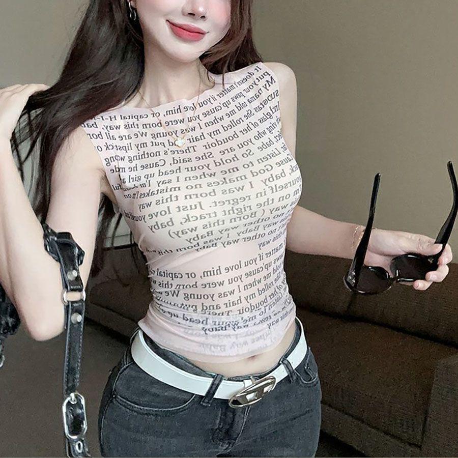 European Korean-Style Mesh Print See-Through Pullover T-Shirt