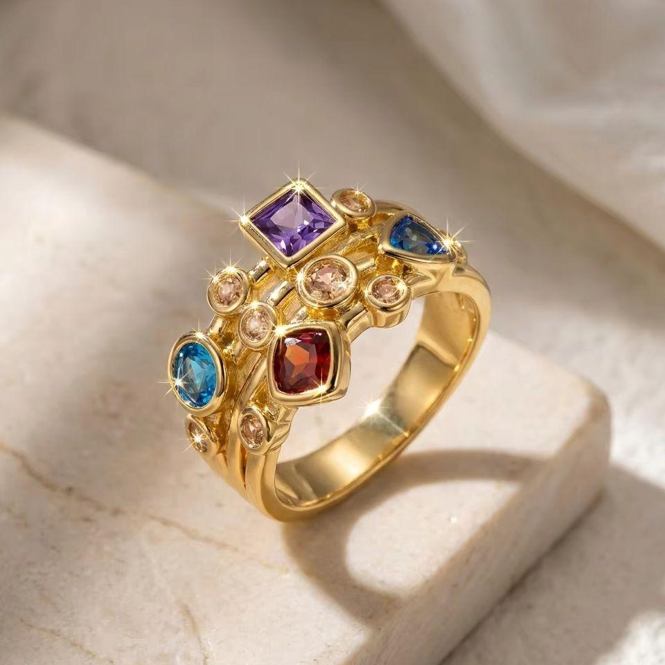 Vintage Geometric Colorful Zircon Rings For Women Luxury Gold Color Copper Knuckle Ring Female Wedding Party Charm Jewelry Gift