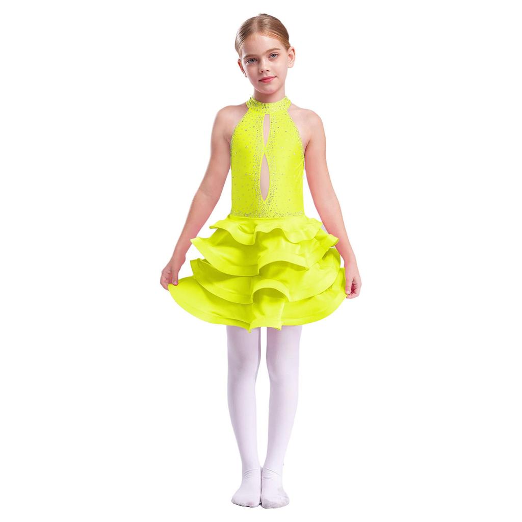 Dívčí latinské taneční šaty bez rukávů s odhalenými zády, lesklými kamínky a stupňovitou sukní, kostým na vystoupení, recitál