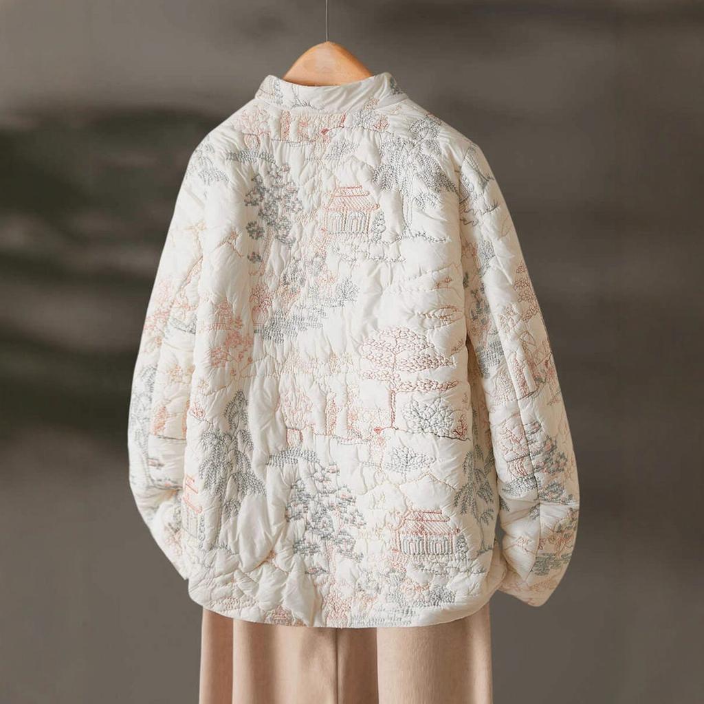 Herbst/Winter Damen Floral Stickerei Einreihig Vintage Parker Lässig Locker O-Ausschnitt Langarm Mäntel