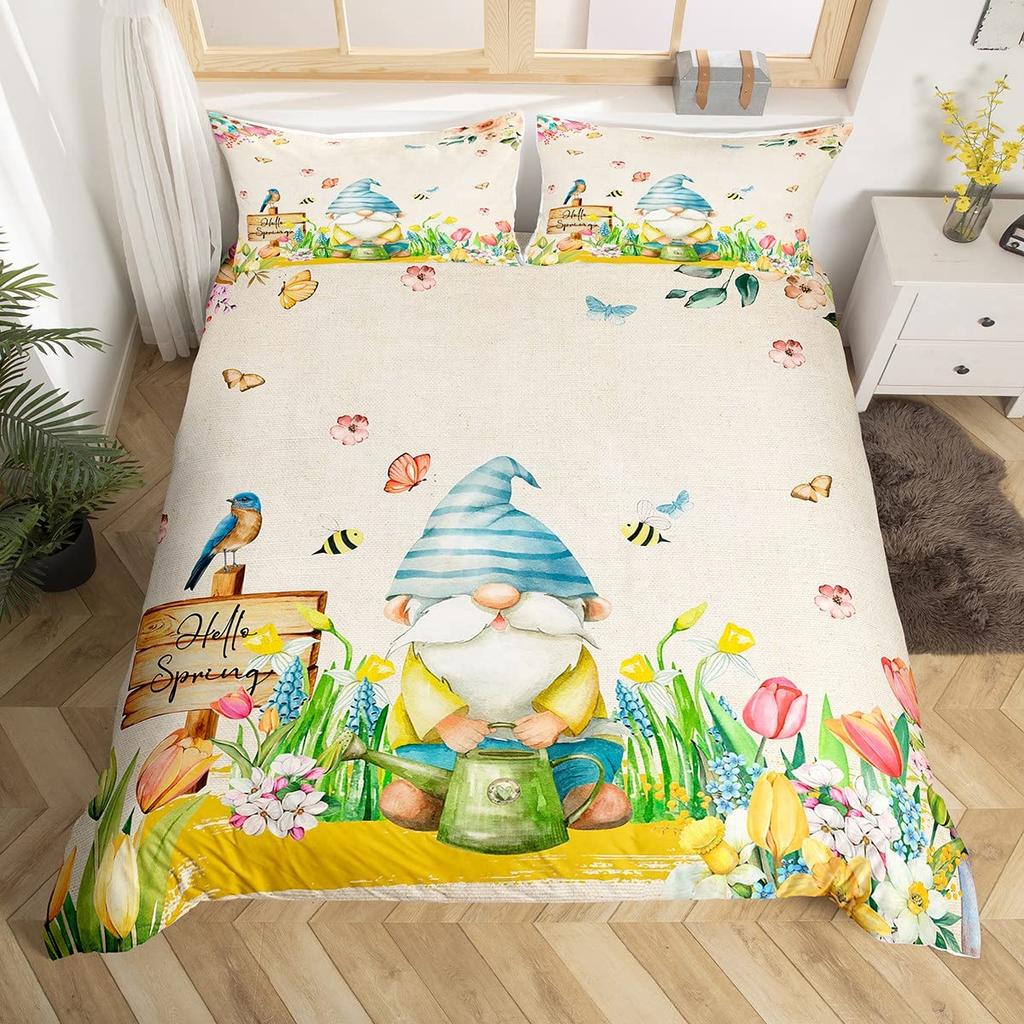 Purple Lavender Dwarf Duvet Cover King Queen Kawaii Cartoon Gnome Bedding Set Spring Flowers Comforter Cover Floral Quilt Cover