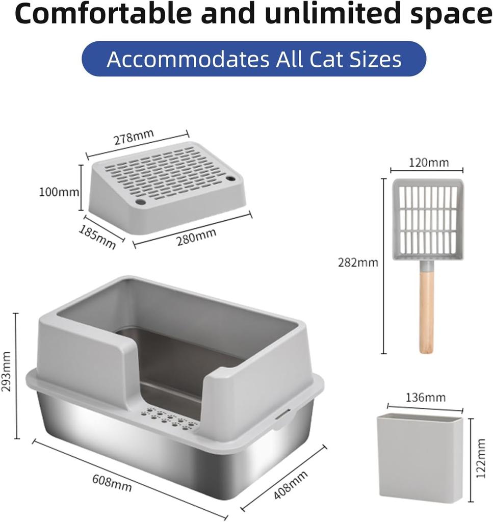 Extra Large Stainless Steel Cat Litter Box High Side Anti-Leak Litter Tray With Secure Lid And Litter Scoop