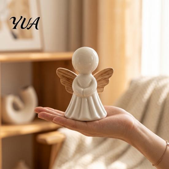 Healing Angel Sculptures for Office Minimalist Figurine with Wood Texture Wings, Compact Statue, Home Accessories Decorative White Sculpture