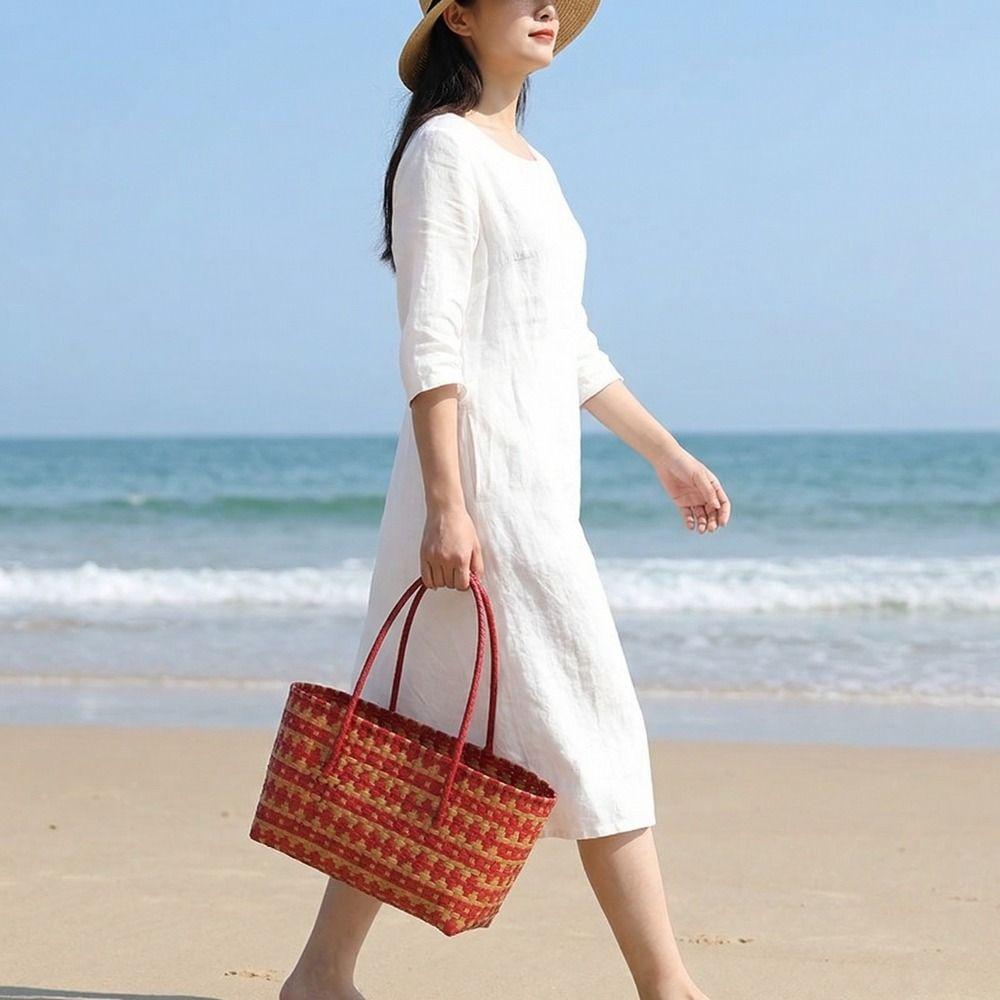 Vacation Style Weave Bag Bohemian Style Beach Tote Bag Casual Plastic Handbag  Girls