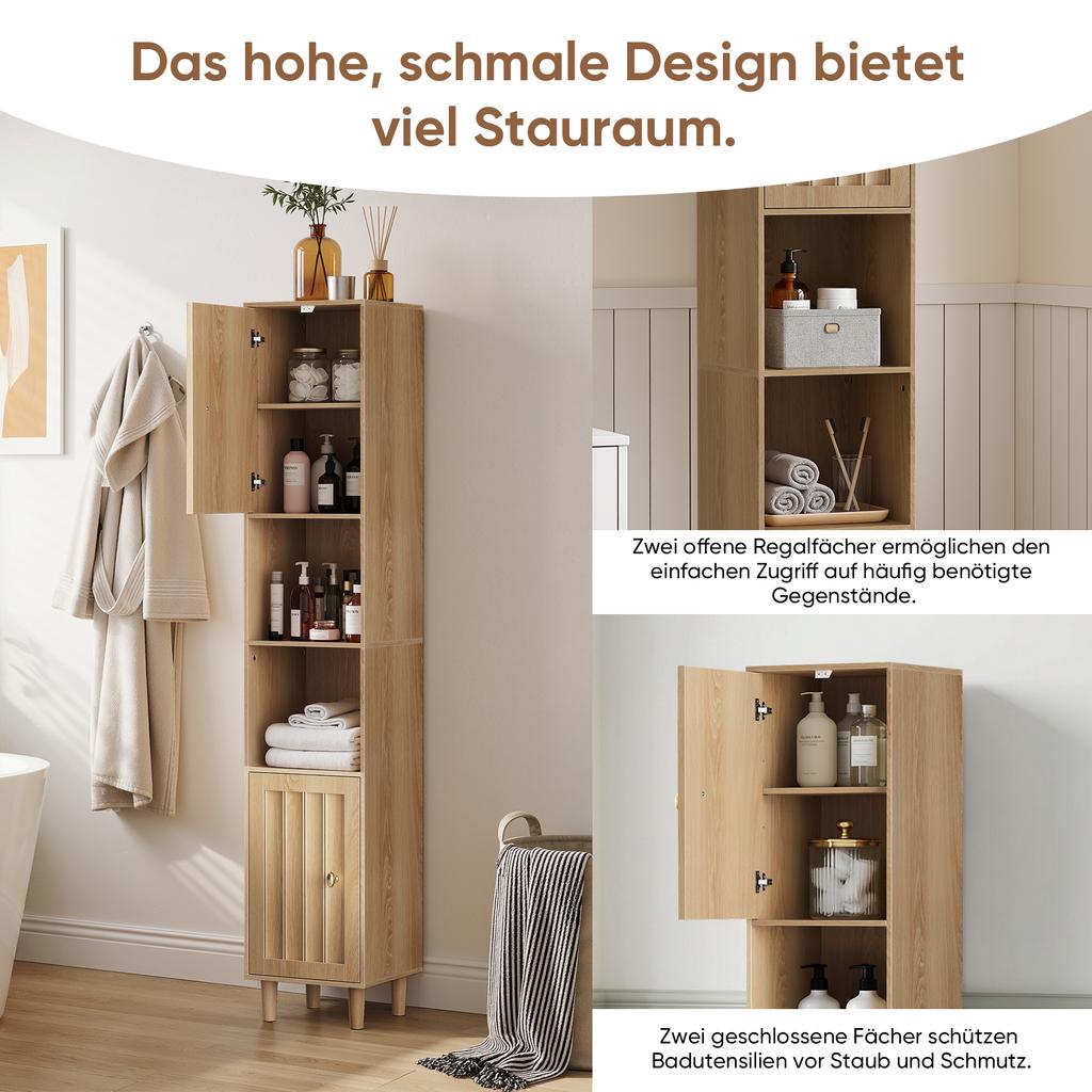 Armadio alto e stretto in legno con ante e ripiani a giorno, per lavanderia, balcone, bagno, cucina, autoportante, effetto rovere