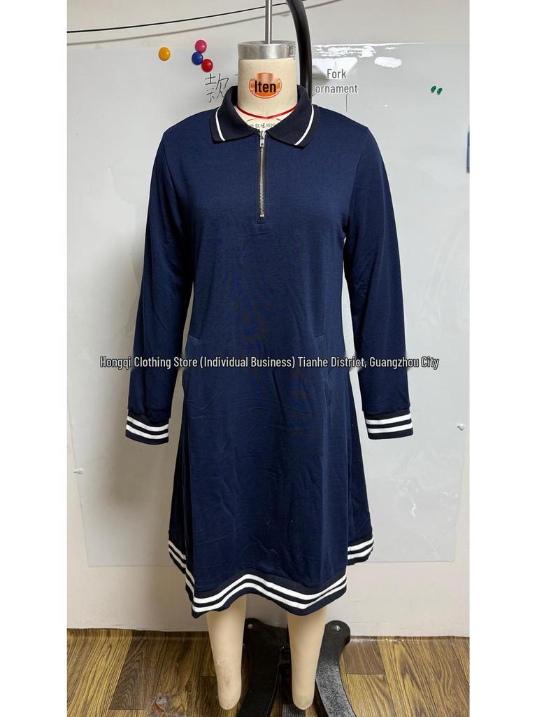 2026 Women's Casual Color Block Lapel Zipper Dress with Pockets